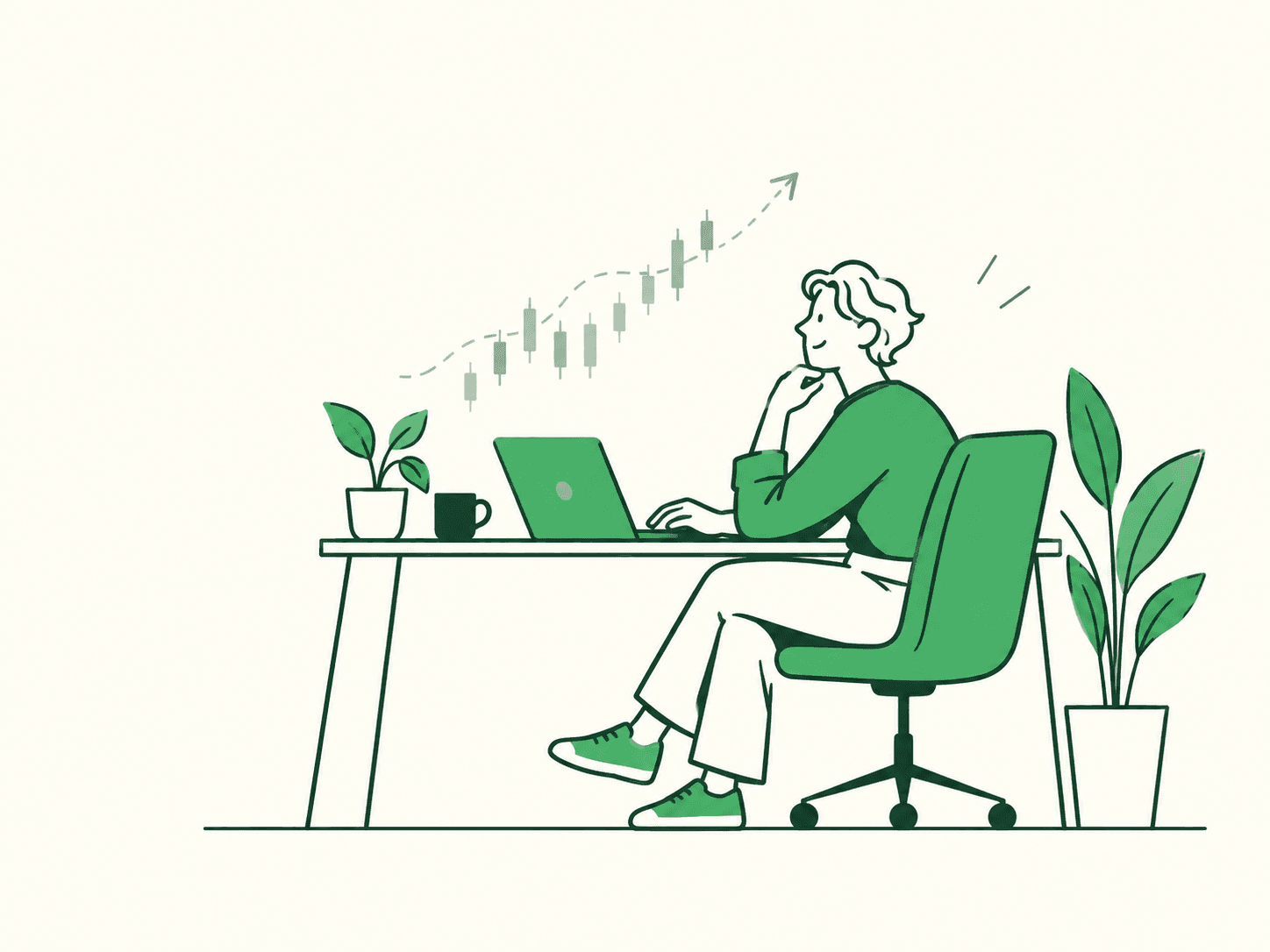 Editorial sketch of a trader reviewing a market call